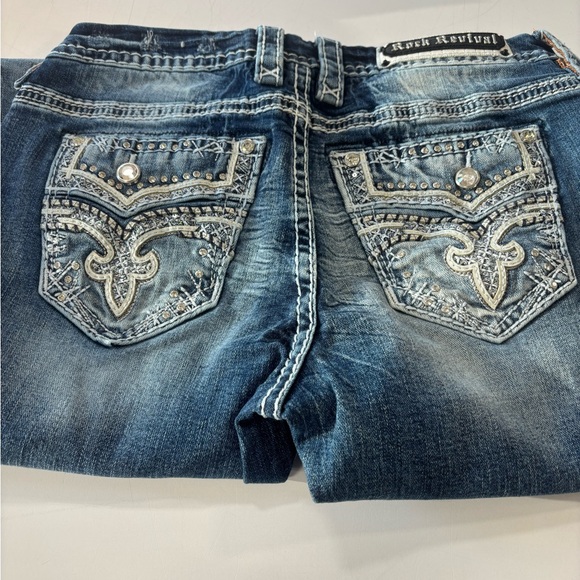 Rock Revival Dark Blue Women's Jeans with Embellished Pockets Easy Bootcut - Picture 1 of 3
